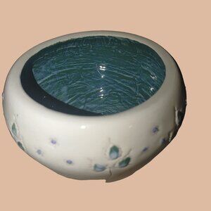 Ceramic Pottery Bowl Planter Floral Leaves Teal Trinket Signed CM